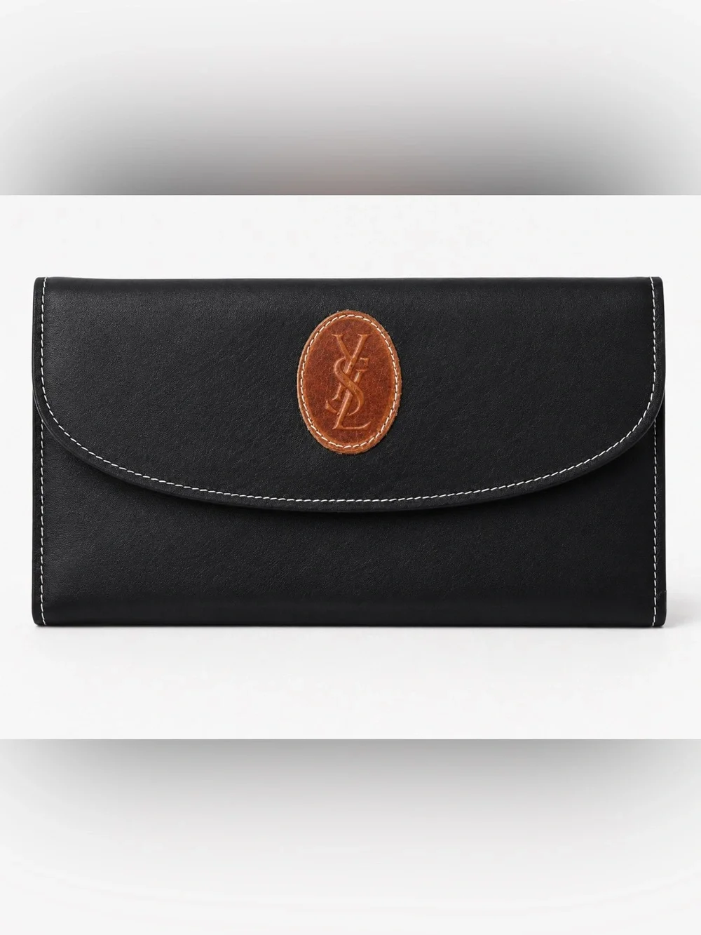 Yves Saint Laurent Black Leather Wallet with White stitching EUC